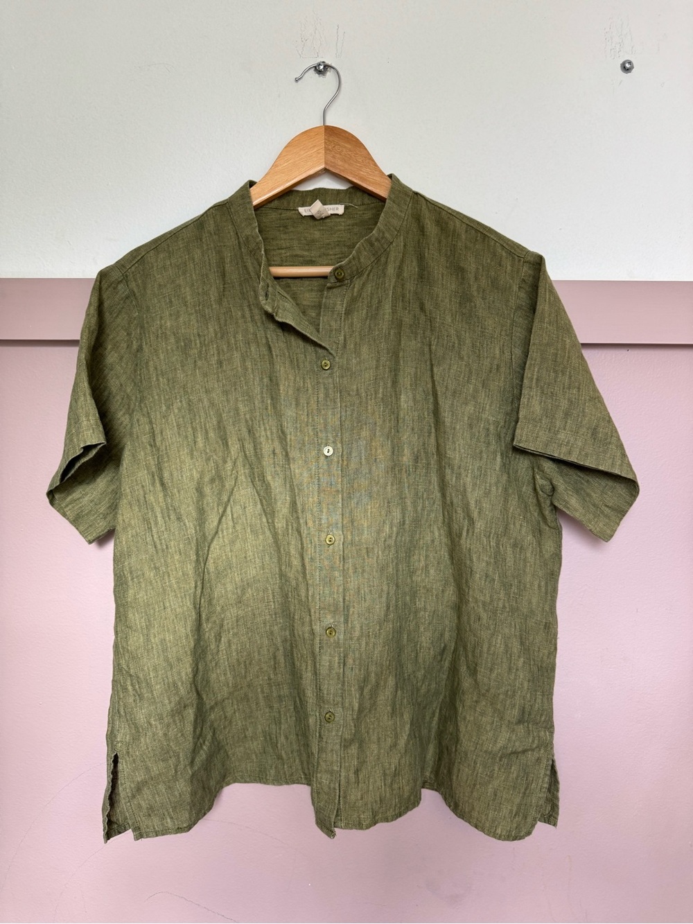 Eileen Fisher linen Olive Green Short-Sleeve button down Shirt